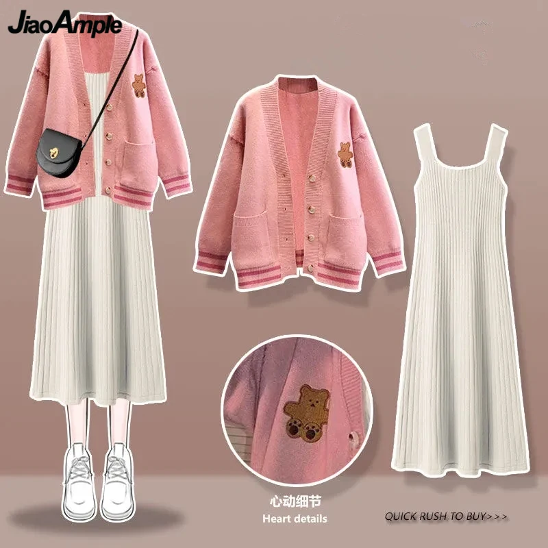 

Women's Spring Autumn Cute Bear Knit Coats Korean Lady Fashion Sweater Cardigan Tank Dress Outfits 2023 New Jacket Dresses Sets