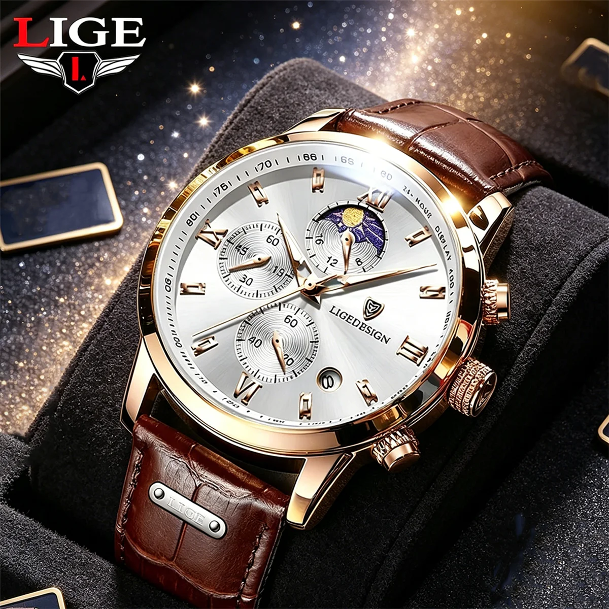 Lige relógio esportivo masculino de luxo, couro, à prova d'água, casual, quartzo, relógio de pulso, cronógrafo, militar, para homens