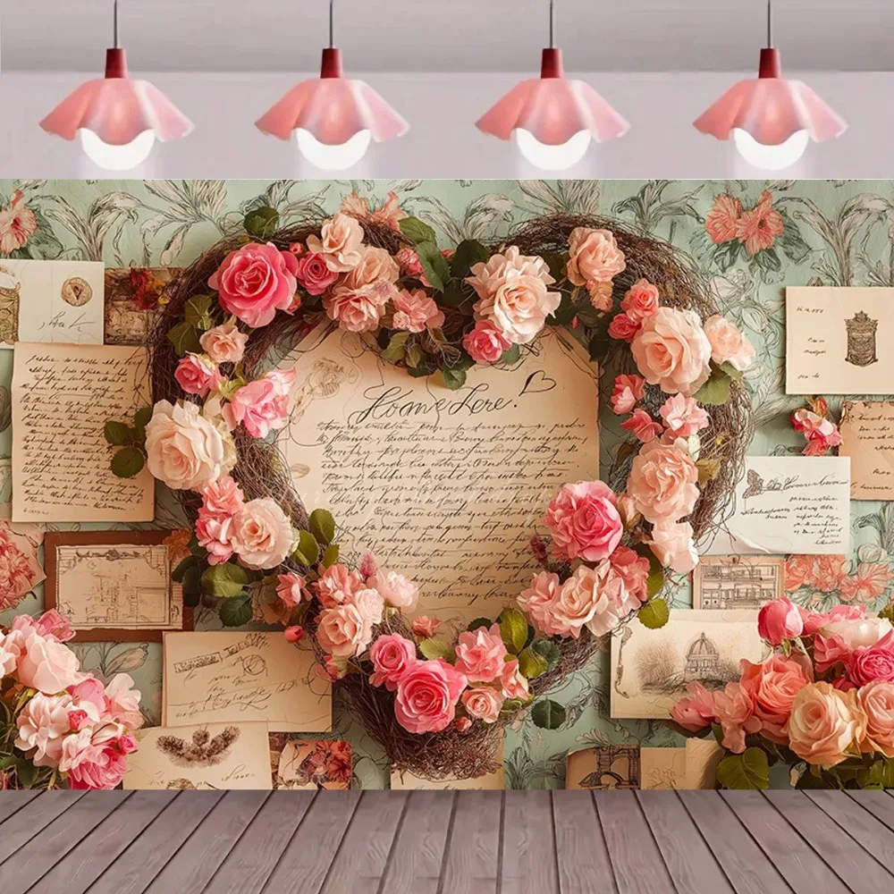 

Valentine's Day flower heart-shaped wreath and rose banner shooting Backdrop, couple date party decoration photography Backdrop