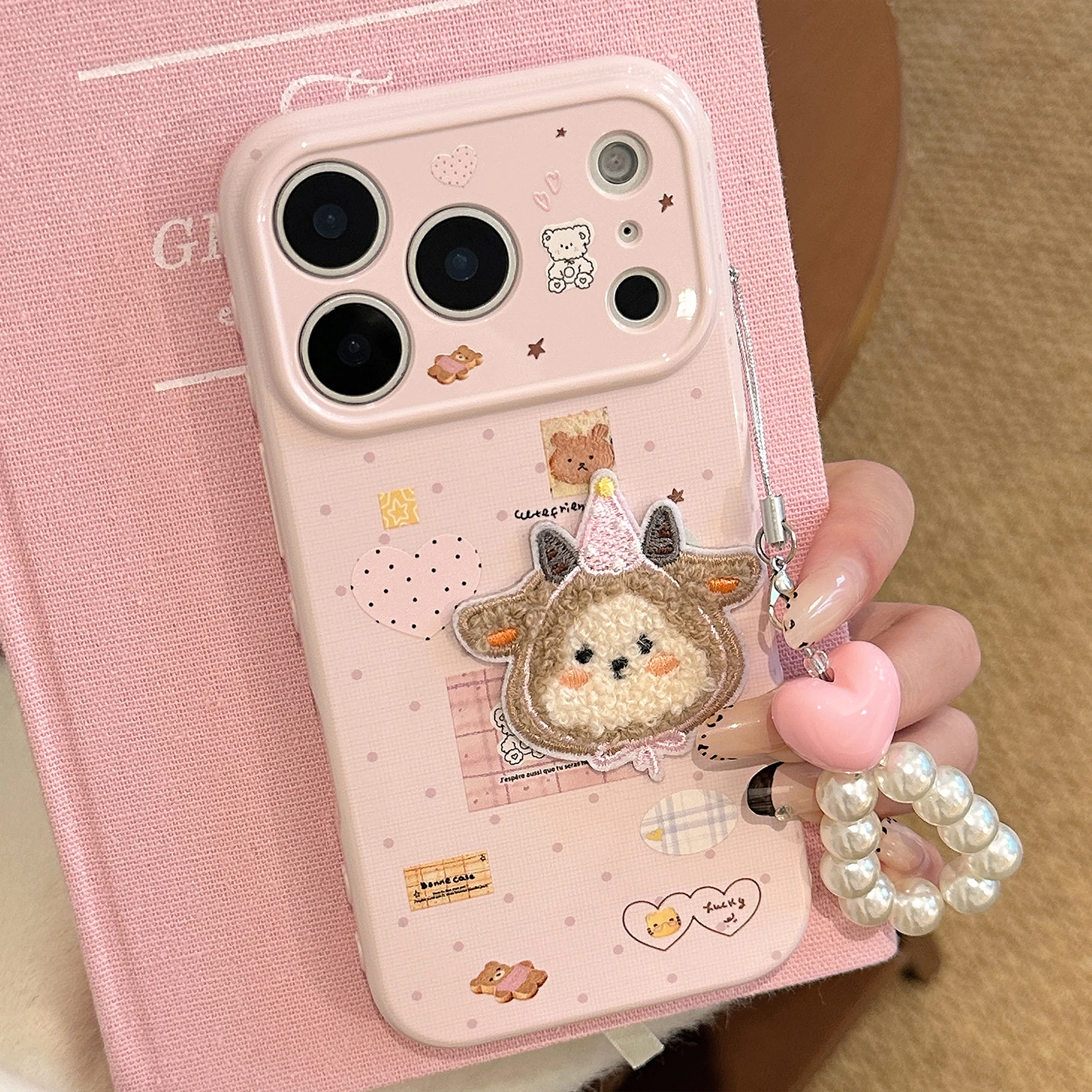 

Ins Ultra Cute 3D Fuzzy Plush SheepPink Love Heart Bead чехол для телефона с подвеской для iPhone 17, 16, 15, 14, 13 Pro Max задняя крышка Fund