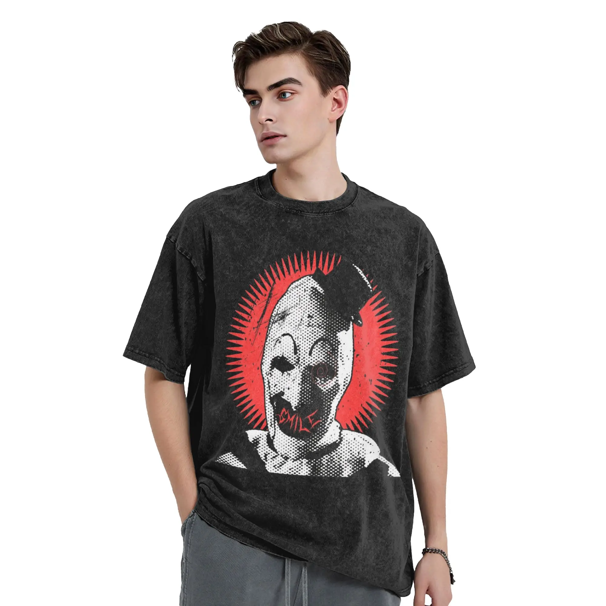 The Terrifier Screenprint Smile Art the Clown Washed T Shirts Streetwear Hip Hop Vintage T-Shirts Tees Men Women Oversize