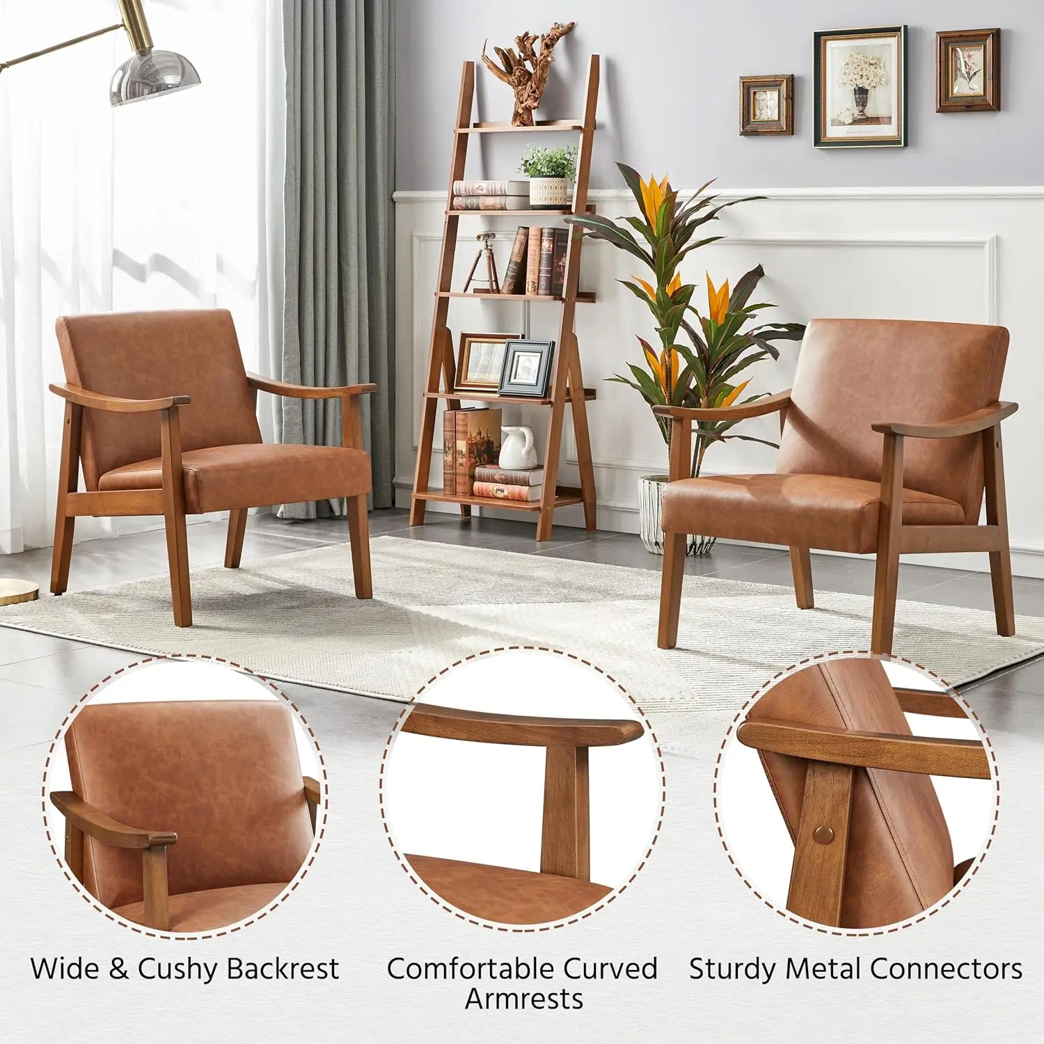 PU Leather Accent Chair, Mid-Century Modern Armchair with Solid Wood Legs, Reading Leisure Chair with High Back for Li