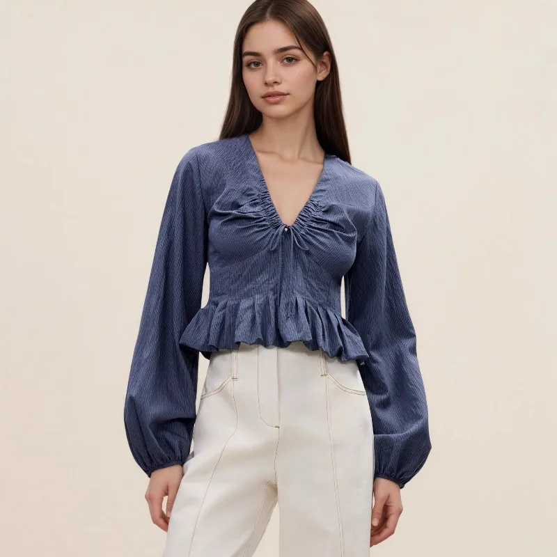 

Pleated V-neck Pullover Top Navy Blue Striped Long Lantern Sleeves Short Shirt Coat Slim Patchwork Layered Tierred Blouse Jacket