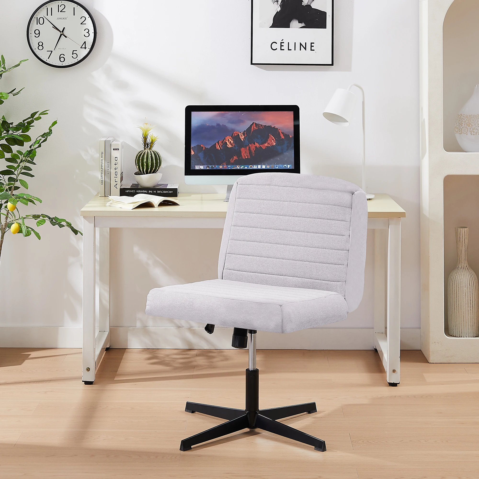 VECELO Cross Legged Office Chair Armless Wide Desk Chair with Dual-Purpose Base Adjustable Swivel Fabric Task Vanity Home Office