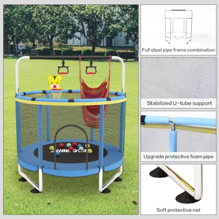 Trampoline for 55 Inch Adjustable Baby Toddler Trampoline with Basketball Hoop Blue Steel Frame Indoor Outdoor Use Enclosed Saf