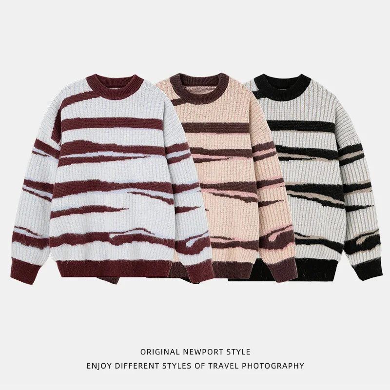 

Korean Sle Lazy Stripe Knitted Sweater Fake Deer Fur Velvet Irregular Zebra Patterned Long Sve round Ne Casual Top