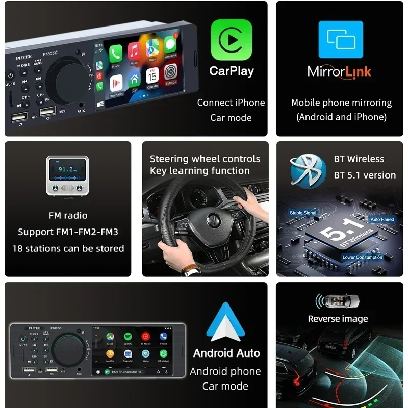 1 Din 4" CarPlay Car Radio Bluetooth Android-Auto MP5 Player Handfree A2DP USB Stereo Audio System Multimedia Head Unit F7805C