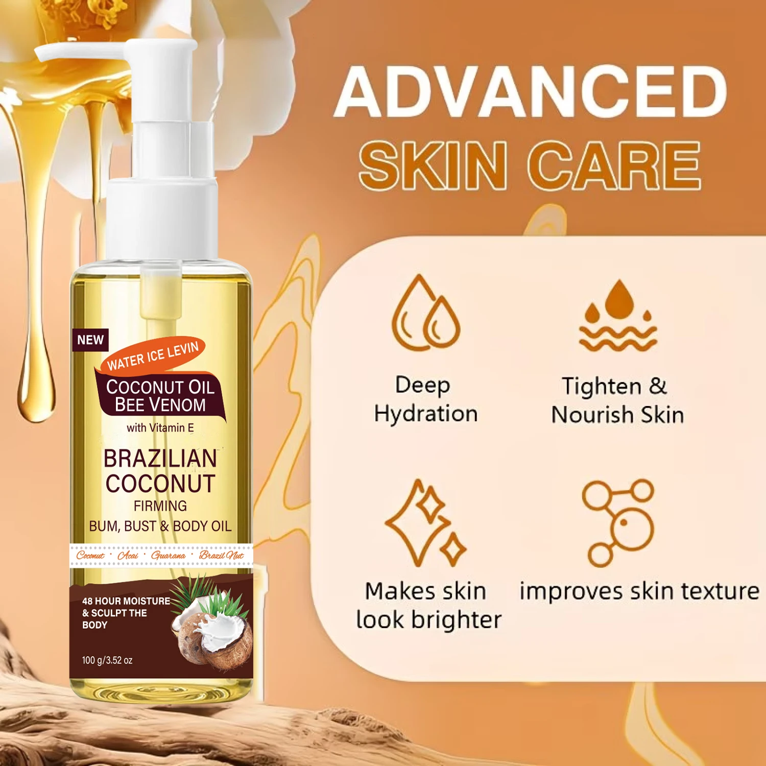 WATER ICE LEVIN Aceite Corporal Firmador de Coco Brasileño con Veneno de Abeja y Vitamina E, Hidratación de Larga Duración para Glúteos, Pecho y Cuerpo, 100g