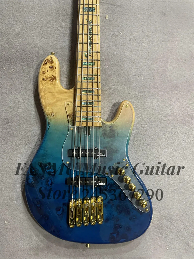 Blue bass 5 strings electric bass Burl maple top ash wood body roasted maple neck gold bridge active battery