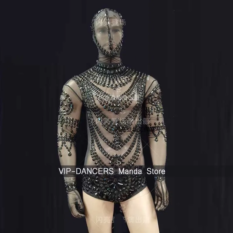 Muscle Man Nightcub Bar Club Stage Costume Carnival Festival Party Show Sexy Gogo Masked Bodysuit Male Rave Outfits Black VDL866