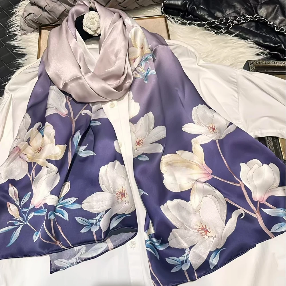 2022 Blue Mulberry Silk Long Silk Scarf Shawl Printed Female Spring Autumn Silk Scarves All-match Top Grade Winter Long Scarf