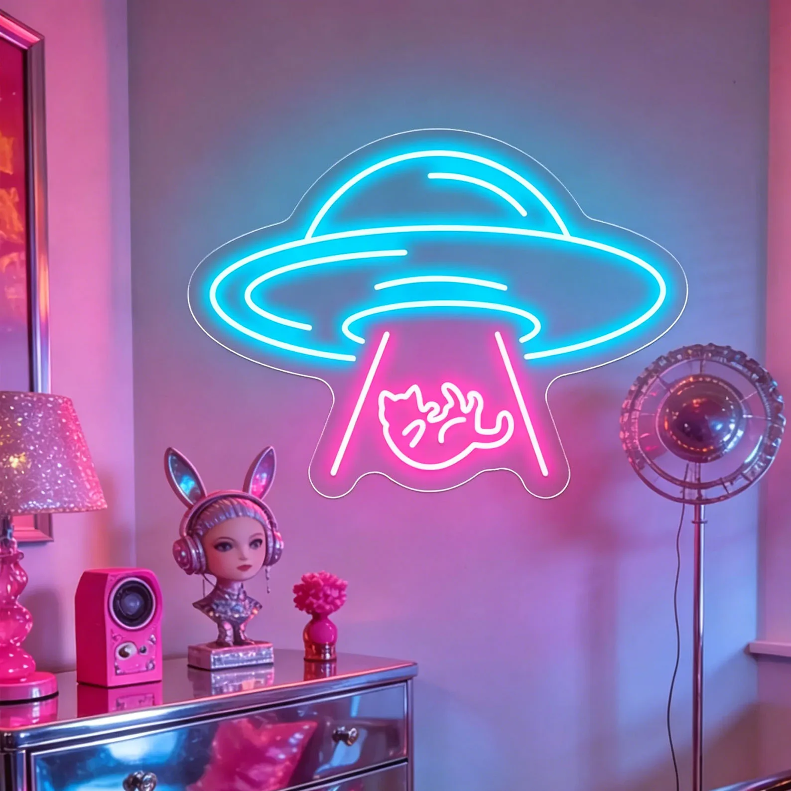 UFO Cat Neon Sign,Alien Cat LED Neon,Cute Cat Wall Decor,Gaming/Space Room Decor,Kawaii Bedroom Neon Sign,Cat Lover Gift