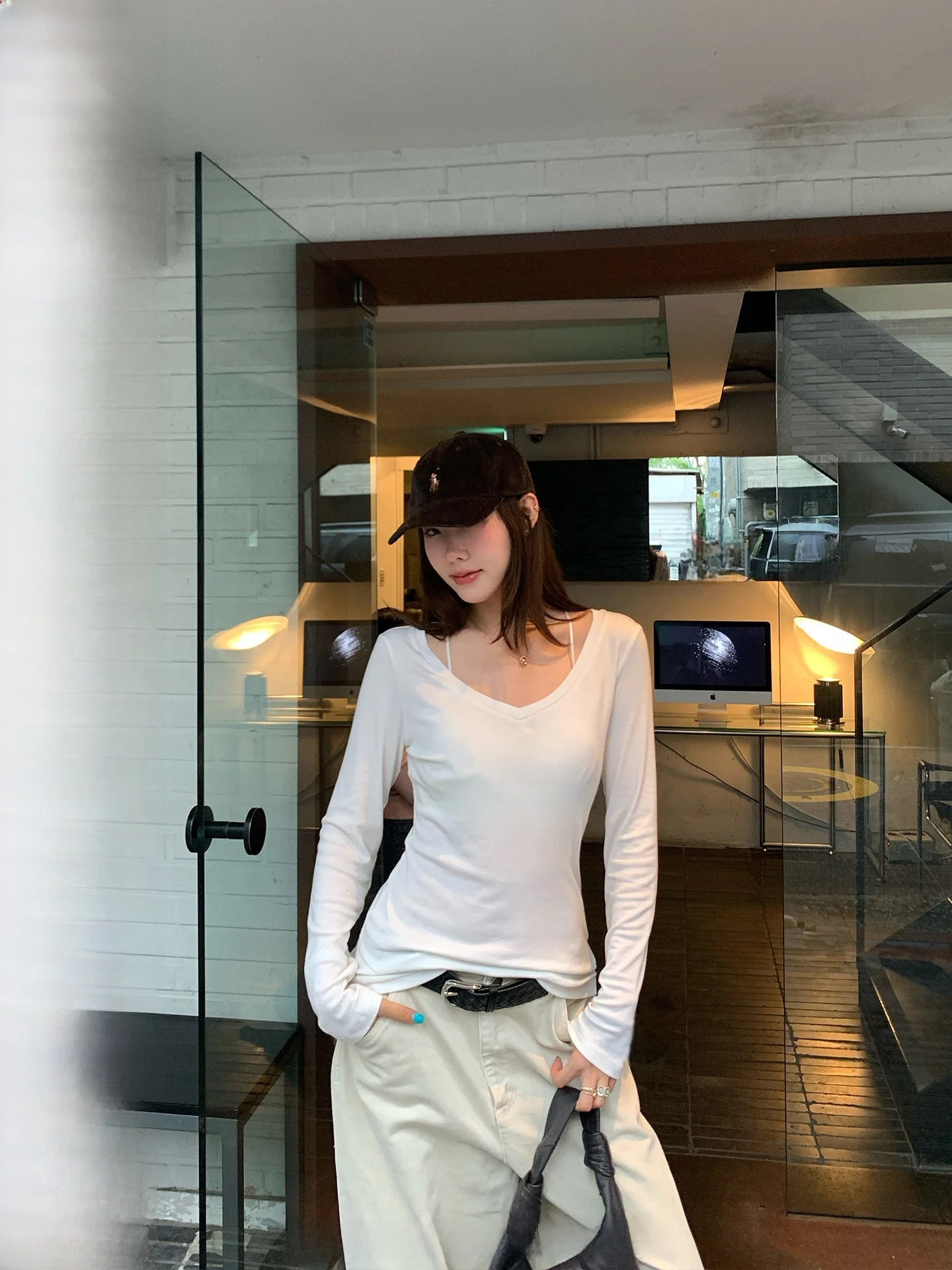 

Ranwear Self-Kee Good to Wear V-Ne Knitted Base Layer Top Silk Wool Blend Slim Fit Commute Sle Women's T-irt