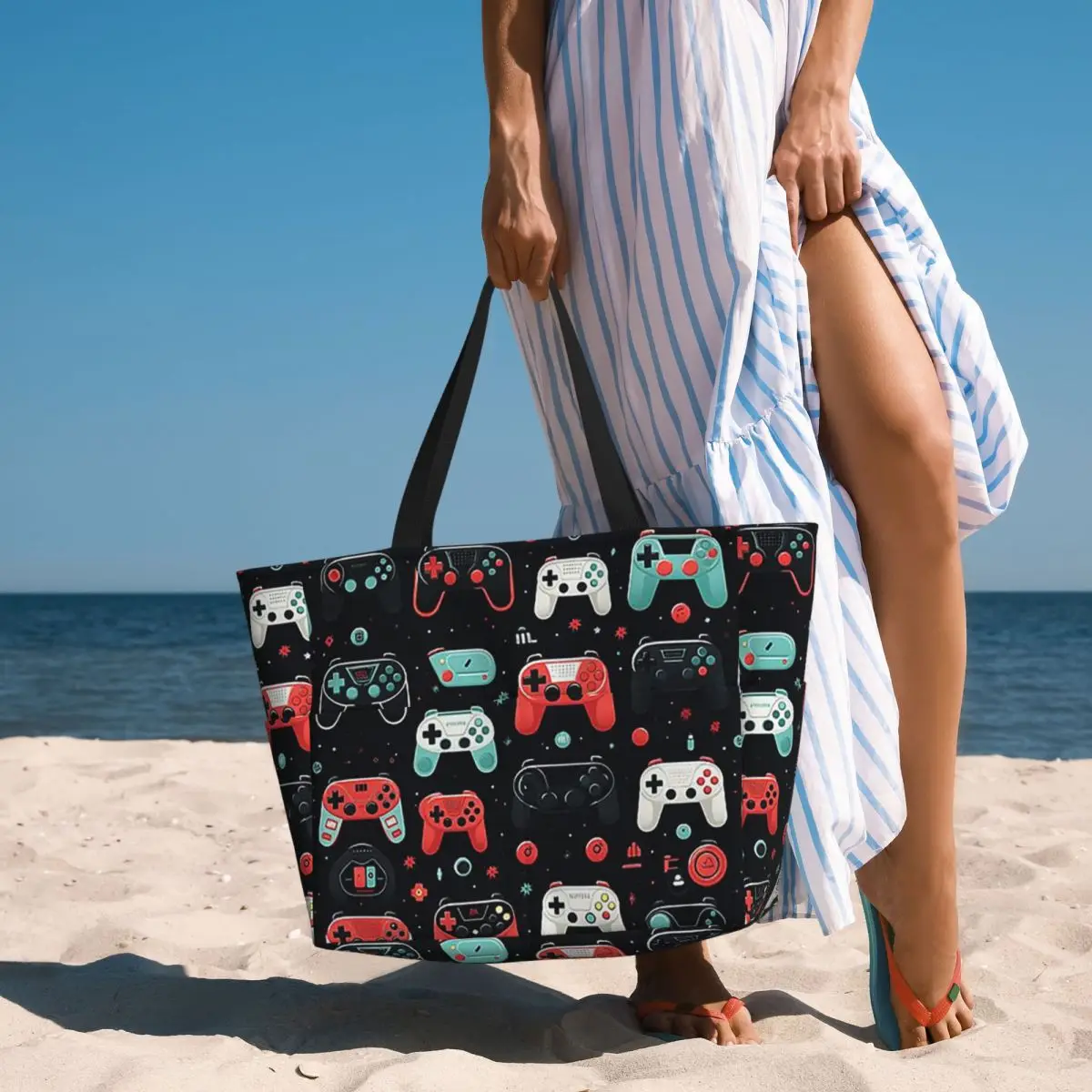Gaming Pattern - Game Controllers Beach Tote Bag Sport Gym Yoga Duffle Large Tote Bag Women Travel Bag Fitness bag