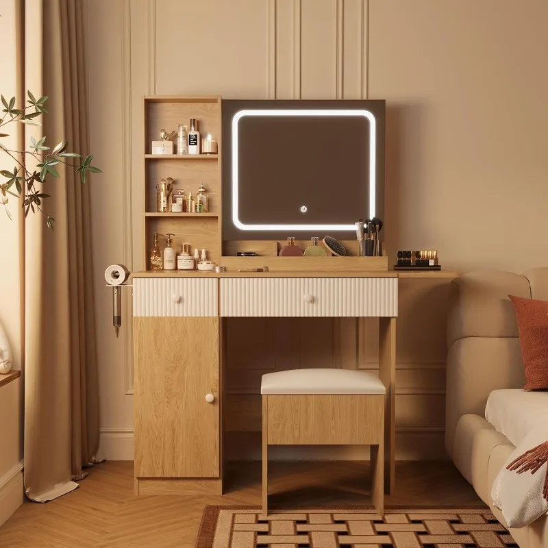 

Туалетный столик с зеркалом и подсветкой, стол для макияжа с 3 режимами освещения, розеткой, ящиками и полками для хранения, хранилищем S