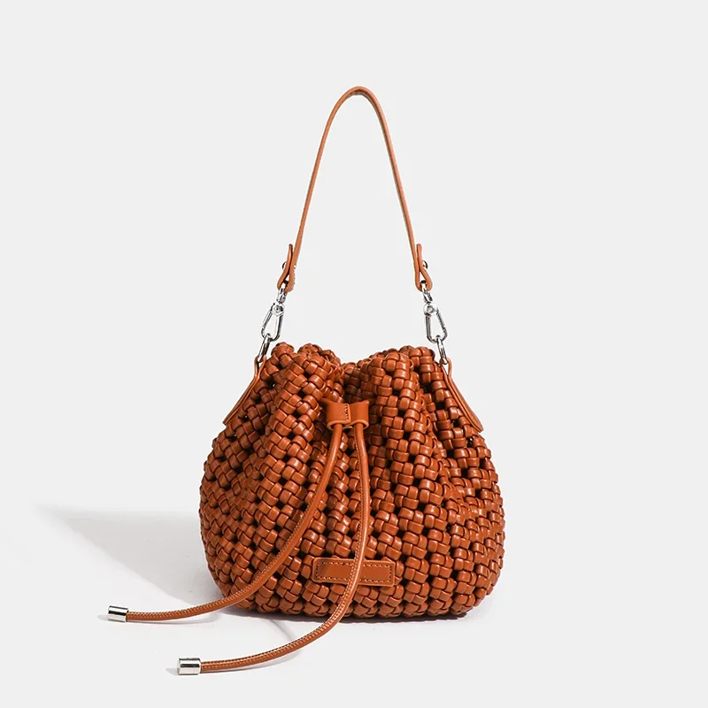 

Luxury 2024 Bucket Bags with Leather Handles Large Cross Bag PU Woven Tote Bag Branded Aesthetic Bags Silver Women's Bags