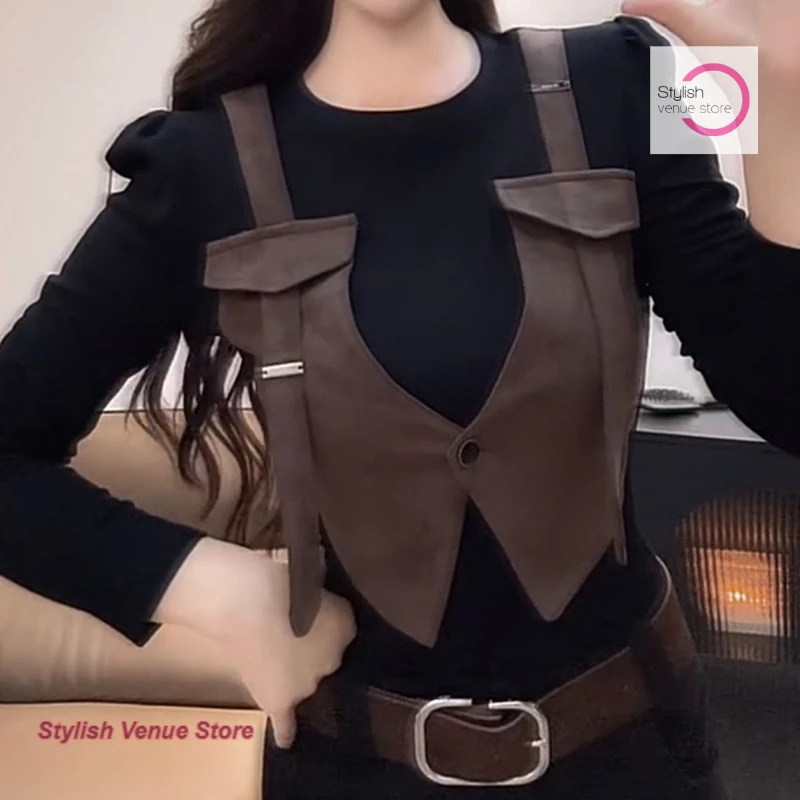 

Korean design vest stitching long-sleeved fake two-piece blouse women's autumn and winter new fashion exotic beautiful T-shirt