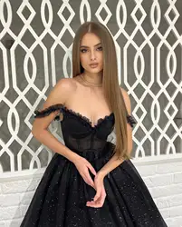 Stuning Off The Shoulder Black Sweethert Tea Length Prom Dresses Custom Formal Party Grown Evening Dresses