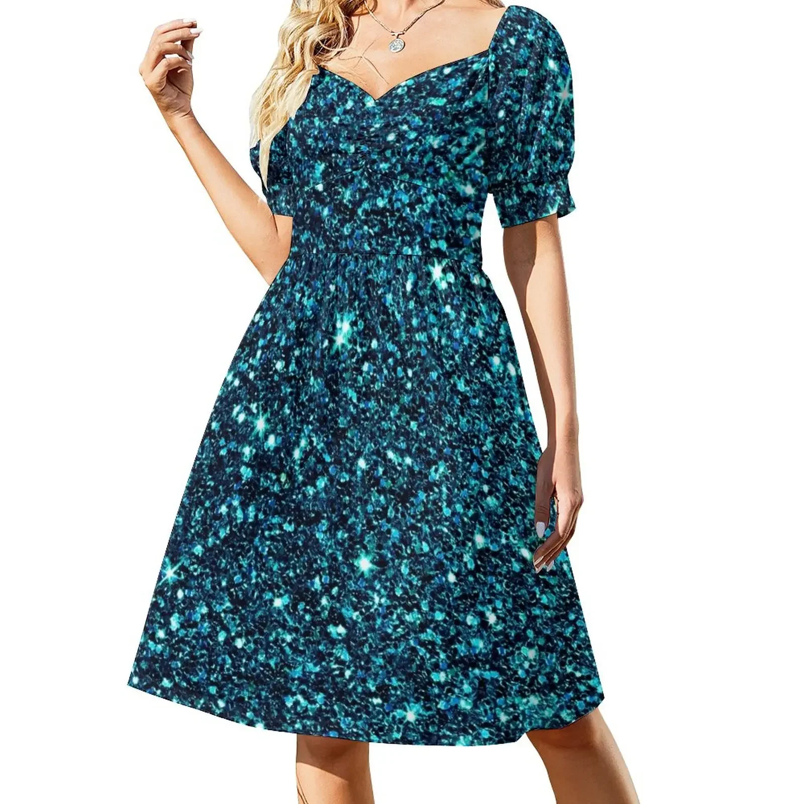 

Blue sparkle faux glitter photograph Short-Sleeved Dress dresses women summer 2025 summer women's dress 2025