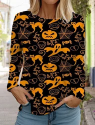 Halloween damska koszulka z długim rękawem śliczna głowa dyni 3D wzór T Shirt moda jesienna 2024 top damski pulower w stylu Harajuku odzież