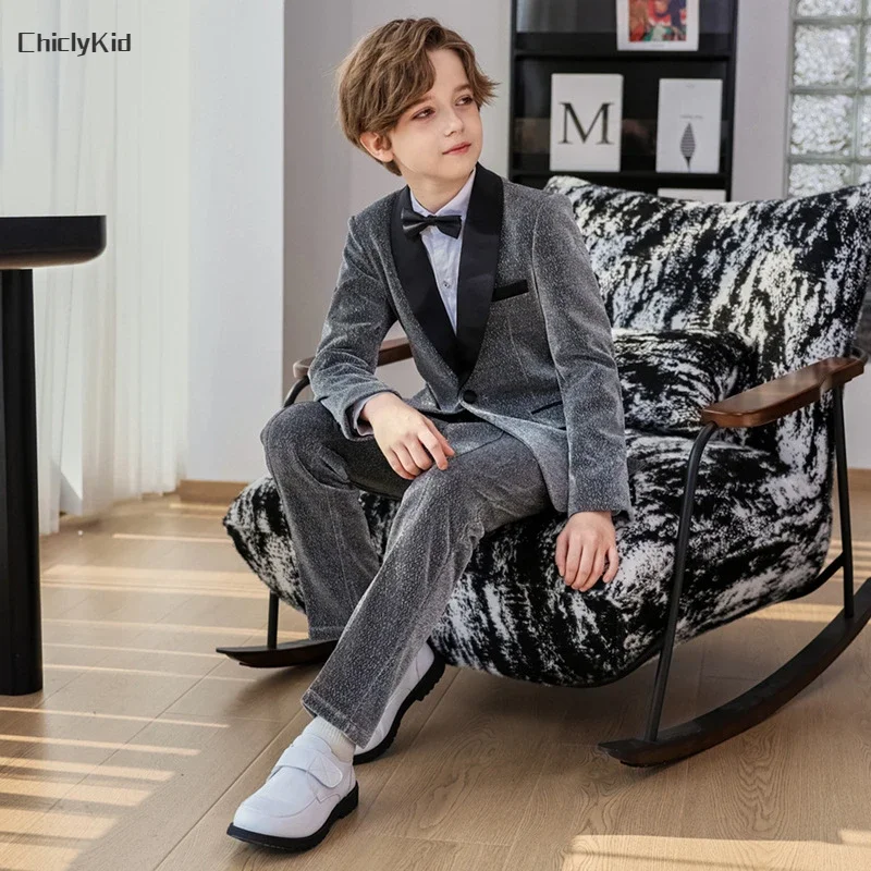 Boys Tuxedos Sequin Suit Jacket Pants Formal Dress Kids Shiny Blazer Clothes Sets Child Toddler Gentlemen Performance Costumes