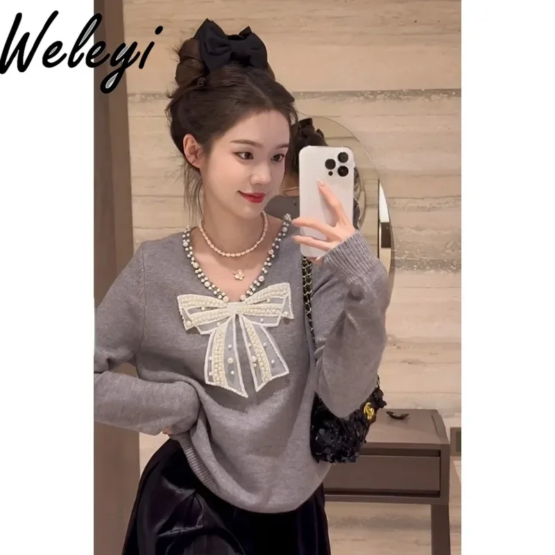 

French Super Cute Bow Sweaters Pullovers Ropa De Mujer Autumn and Winter Fashion Streetwear New in Grey Hot Diamond Knitted Tops