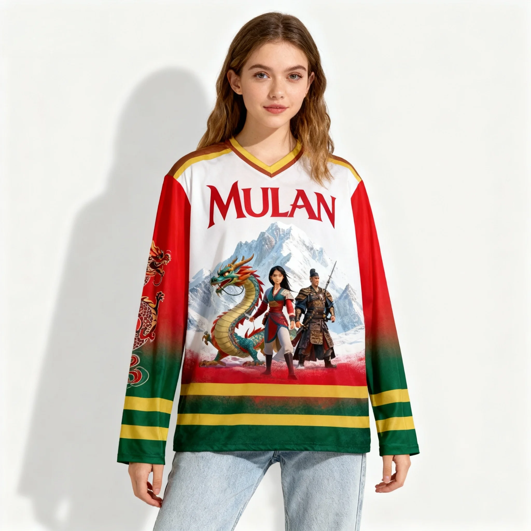 الخريف/الشتاء فيلم ديزني مولان وسندريلا سلسلة الخامس الرقبة طويلة الأكمام تي شيرت الشارع المتضخم النساء الكبار نفس النمط #1