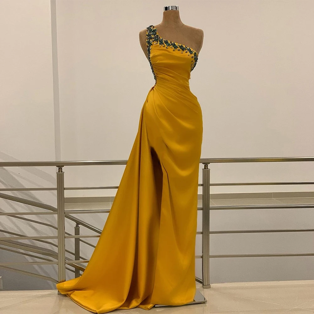 Gold Evening Dresses for Women One Shoulder Sleeveless Crystal Beading Stones Backless Prom  High Slit Wedding Party Gown