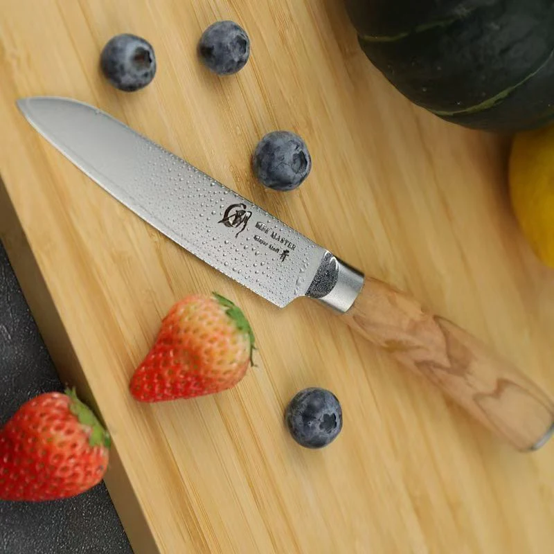 4 Inch Paring Knife 3-Layers Clad Steel Blade Utility Steak Barbecue Cleaver Peeling Fruit Kitchen Knife Olive Wood Handle
