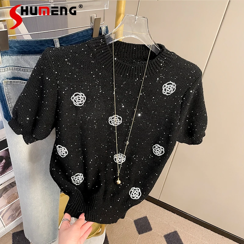 

2024 Summer New Heavy-Duty Rhinestone Short-Sleeved Sweater Y2k Tees Women's Design Short Bottoming Shirt Top T-shirt Pullovers