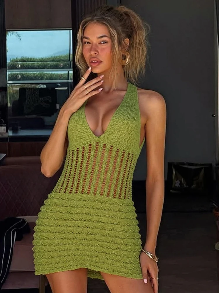 Kliou Halter Crochet mujeres Mini vestido Simple sólido Sexy agujeros espalda descubierta plisado Body-shaping Vestidos Mujer nuevo vestido de vacaciones