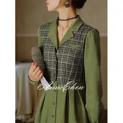 Green French Retro Long Sleeved Dress Autumn New Style Small Stature Waist Cinching Slim Effect Fake Two-piece Spliced Dresses