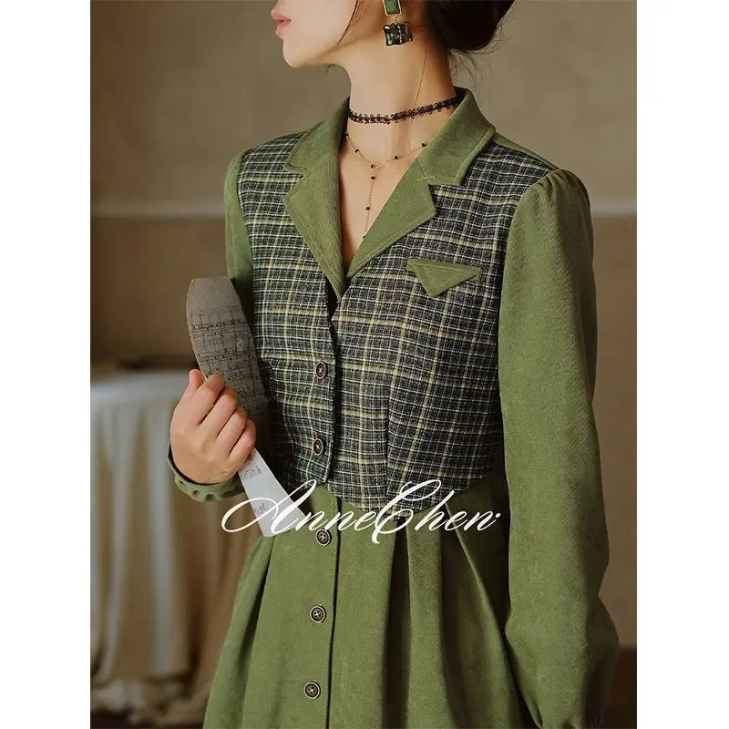 Green French Retro Long Sleeved Dress Autumn New Style Small Stature Waist Cinching Slim Effect Fake Two-piece Spliced Dresses