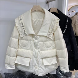 Korean Winter Women Short Down Jacket Crystal Ruffels Lapel Collar Thick Warm 90% White Duck Down Coat Ladies Casual Outerwear