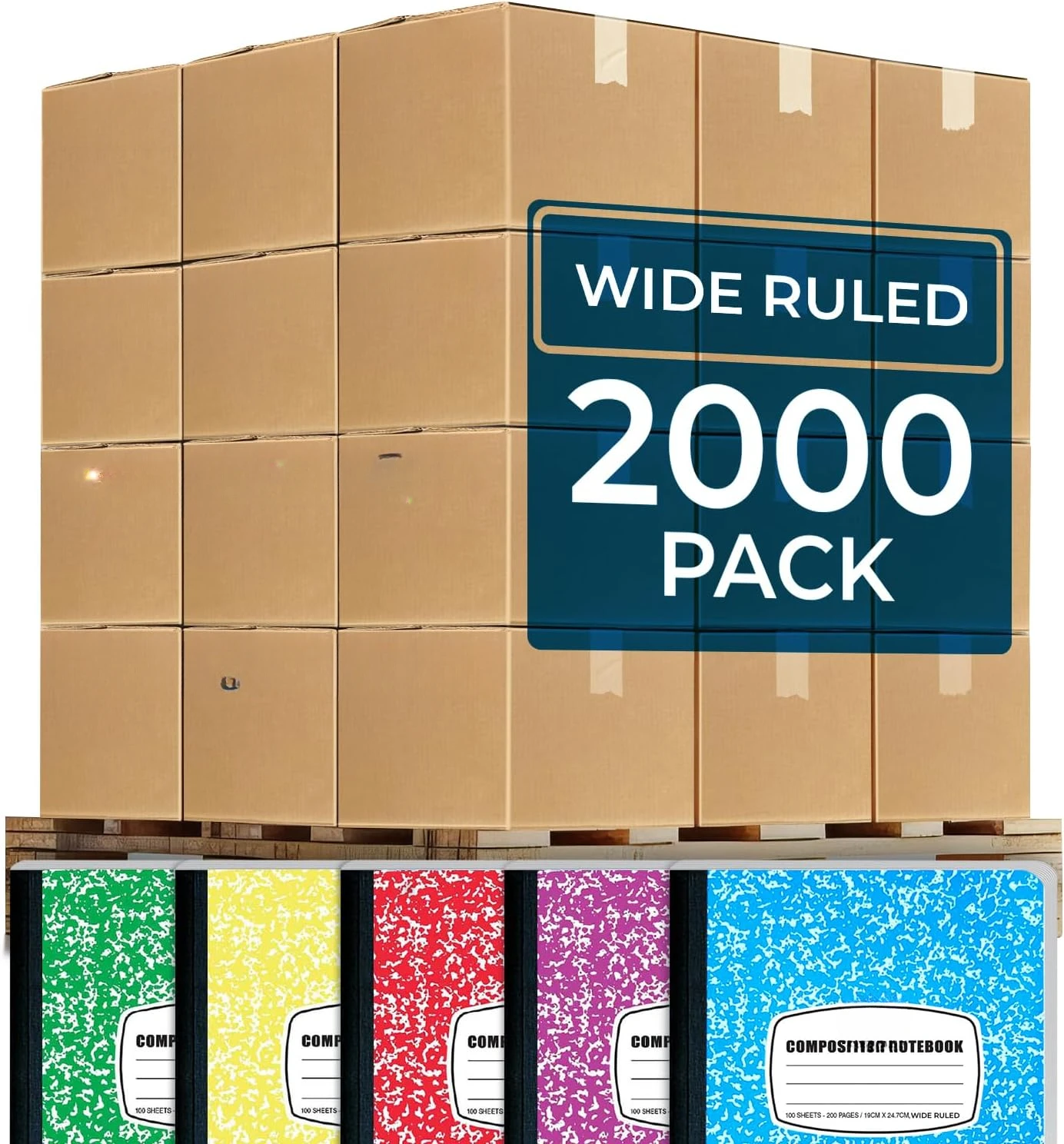 2000 Pack (Pallet) Composition Notebooks Bulk, Wide Ruled, Full Pallet of Composition Notebooks, 200 Pages (100 Sheets), 9-3/4 x