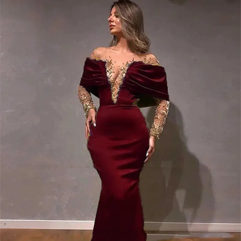 Off Shoulder Long Sleeves Mermaid Prom Dress Sheer V-Neck Gold Lace Appliques Beaded Burgundy Formal Evening Gown Customized