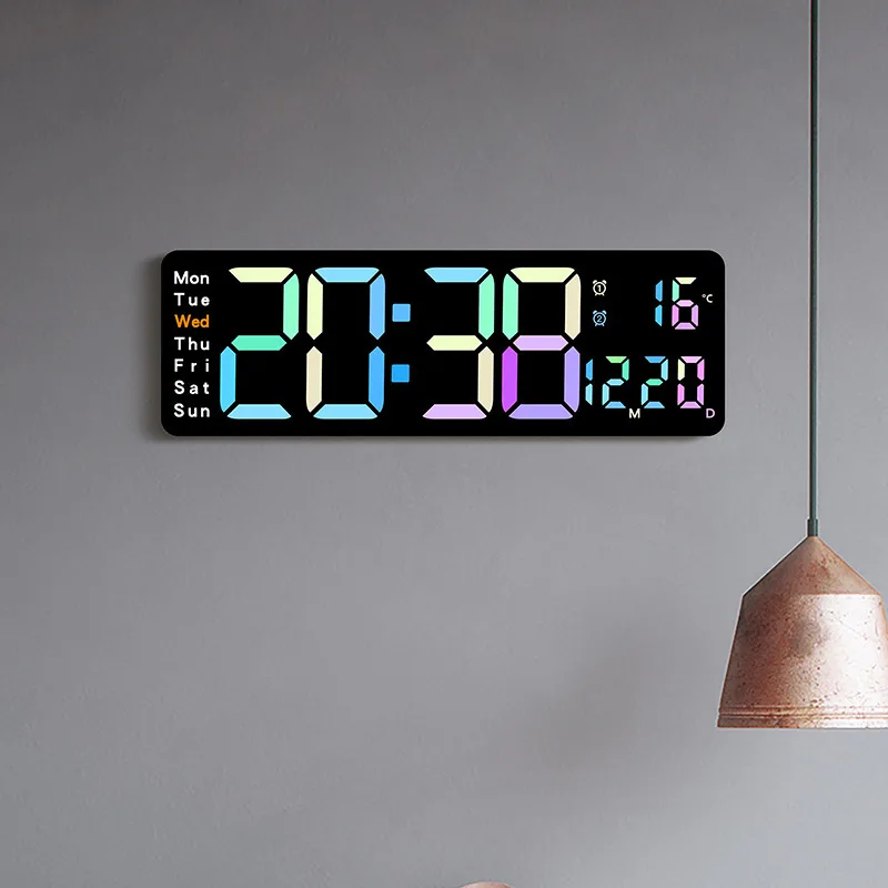 Modern LED Digital Wall Clock with Temp/Humidity Display, Alarm, Countdown & Remote Control Multi-Colored Display Clocks