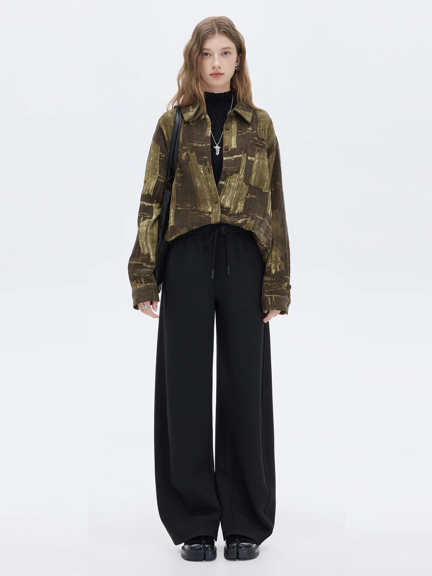 

High Waist Wide Leg Casual Pants Women's Long Length Slant ket Wool Fiber Elastic Waist Spring Bla Casual Trousers