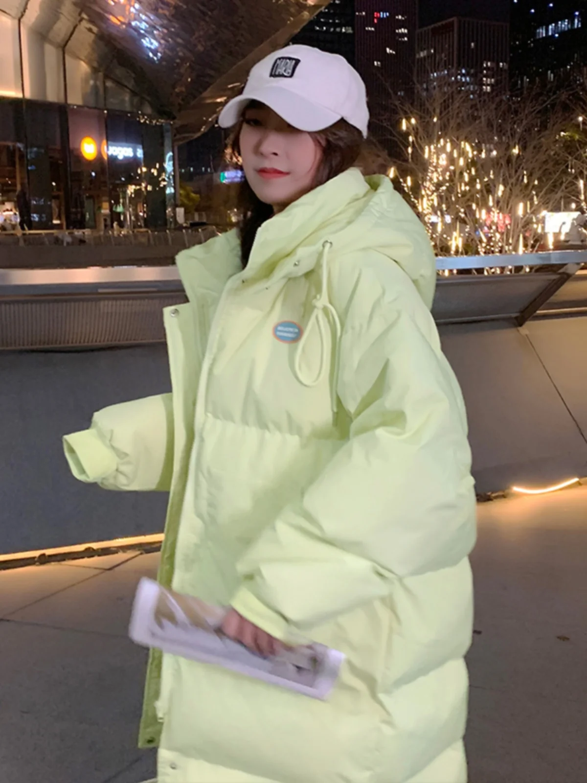 Oversize Light Green Down Cotton Coat 2023 New Winter Women's Super Thick Zipper Hooded Mid Length Windproof Warm Cotton Jacket