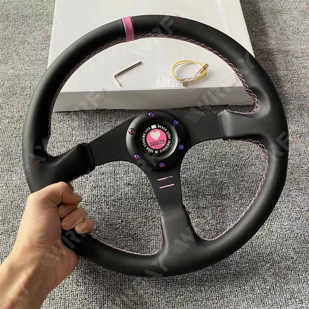 Pink Horn Car Steering wheel Leather Car Tuning Racing Steering Wheel Car Accessories 13/14inch