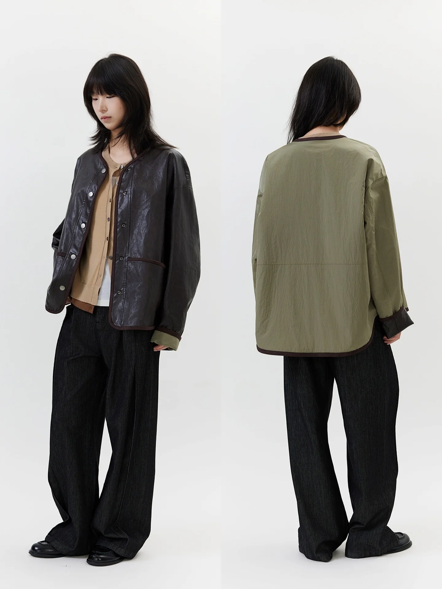 Seei Spring New Two-Sided Wear Environmental Oil Wax Leather round Ne oulder-Drop Suede  Jaet Women Vintage Sle S...