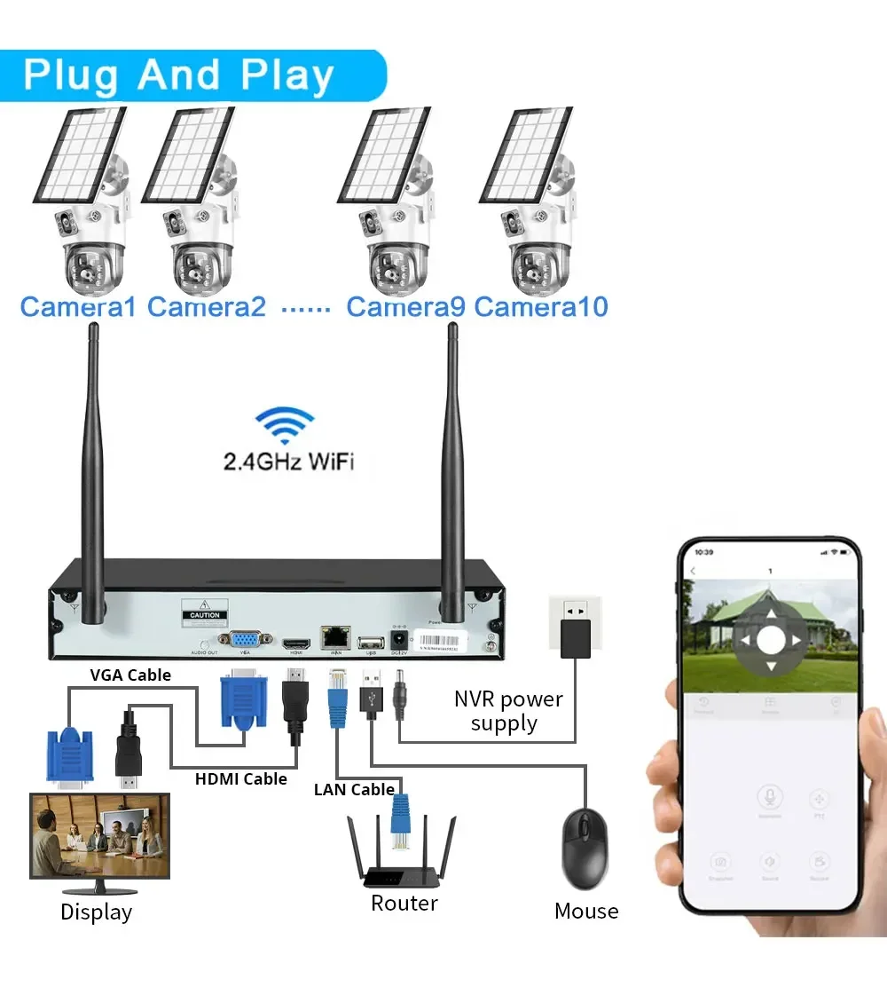 Dual Lens Wireless Solar PTZ Camera System Outdoor 8MP Battery Powered Cameras 16CH WIFI NVR Kit 2.4G WiFi CCTV Surveillance Set