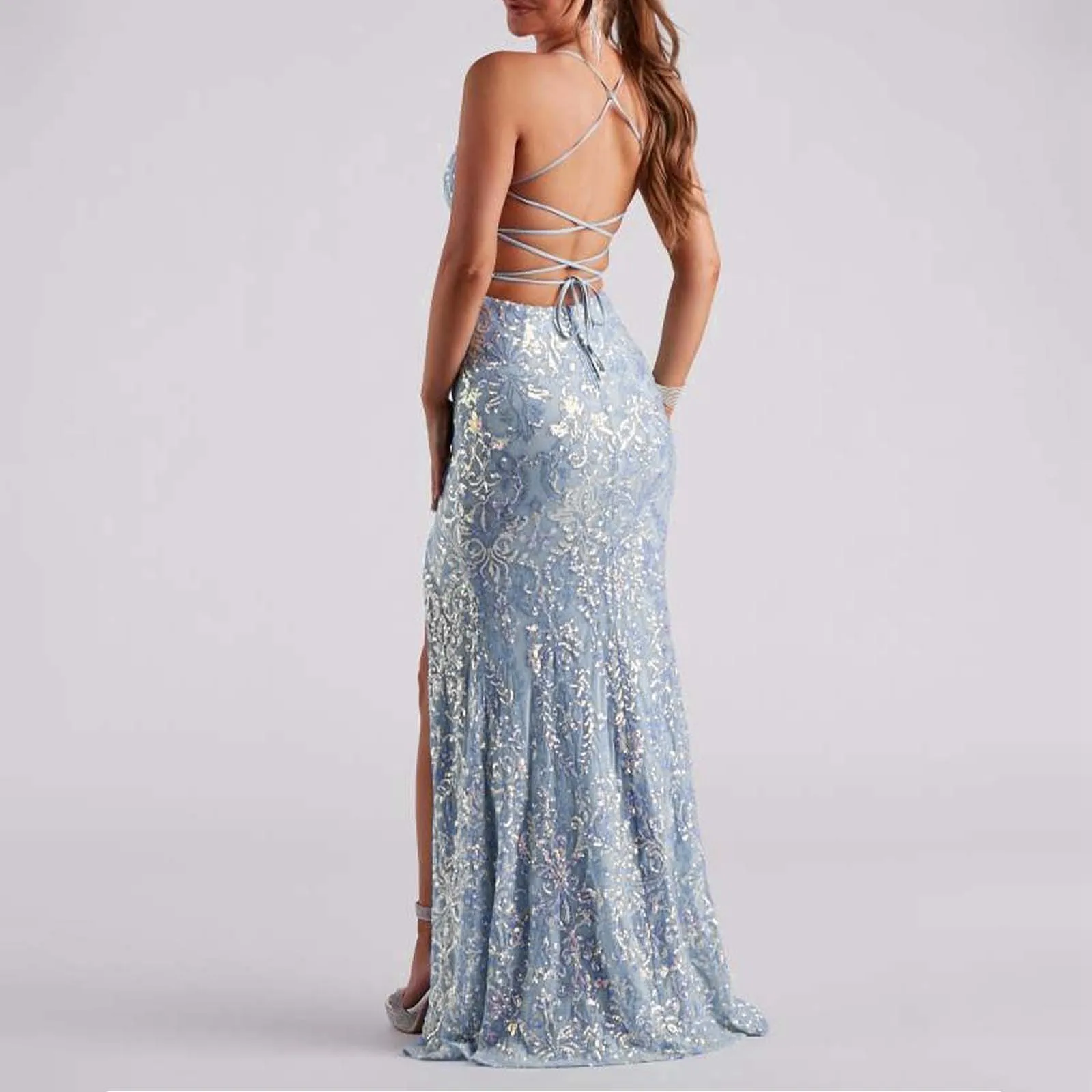 Robe de Soirée Bleu Clair à Paillettes et Bretelles Spaghetti, Tenue de Bal de Forme Sirène, Col en V, Dos Ouvert, Fendue