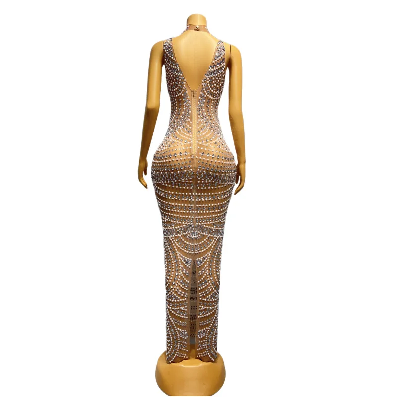 Apricot Sleeveless Long Dress Pearl Diamond Inlaid Round Neck, Back Split, Luxury Elegant Style Party High-End Performance Dress