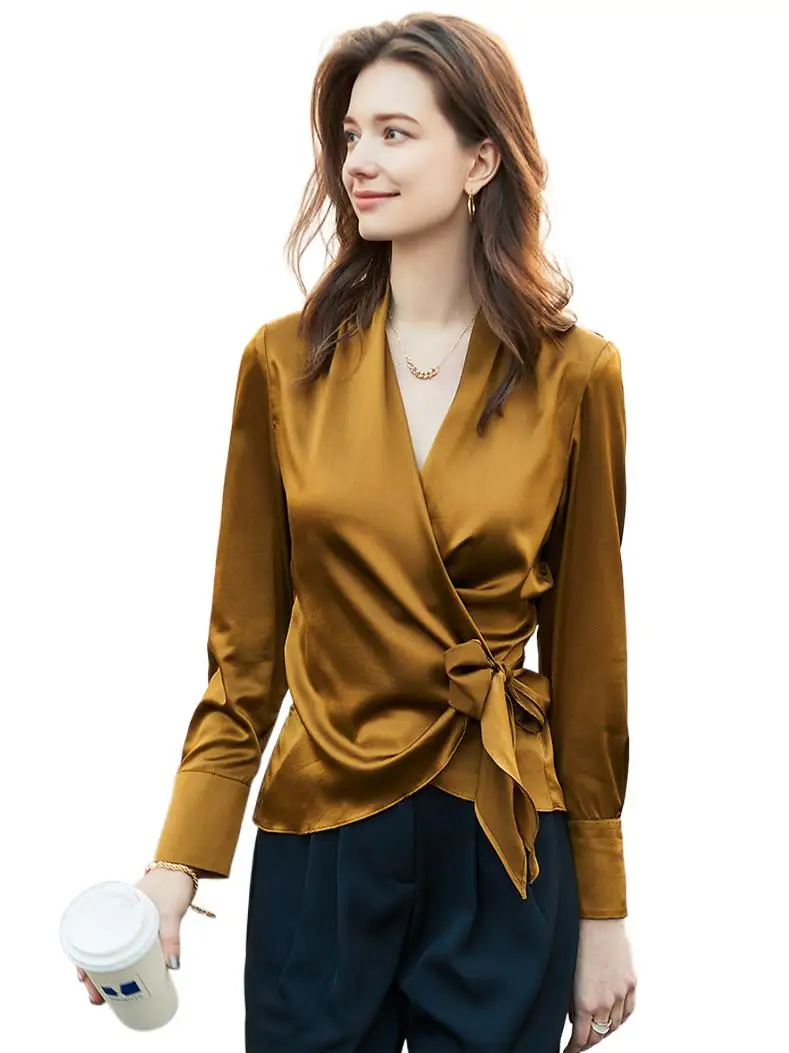 Satin Cross V-Neck Side Lacing Slim Long Sleeve 2024 New Solid Office Shirt Casual Loose Versatile Shirt