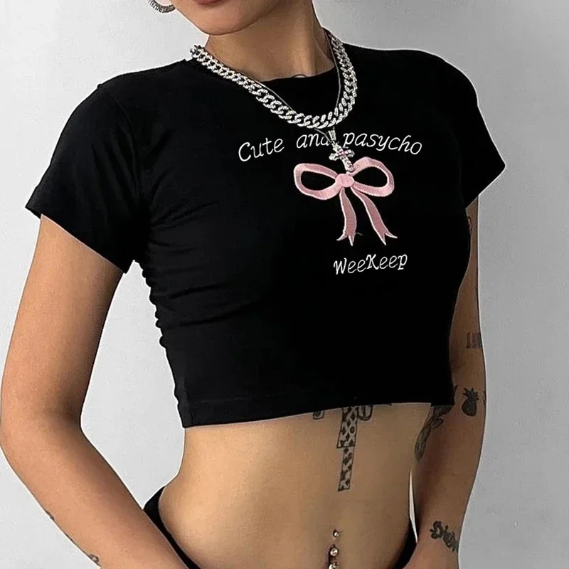 

Letter Bow Print Cropped Top Sweet Street Girls Women Summer Casual Basic Short Sleeve O-neck T-shirt Cute Hot Sexy Tee