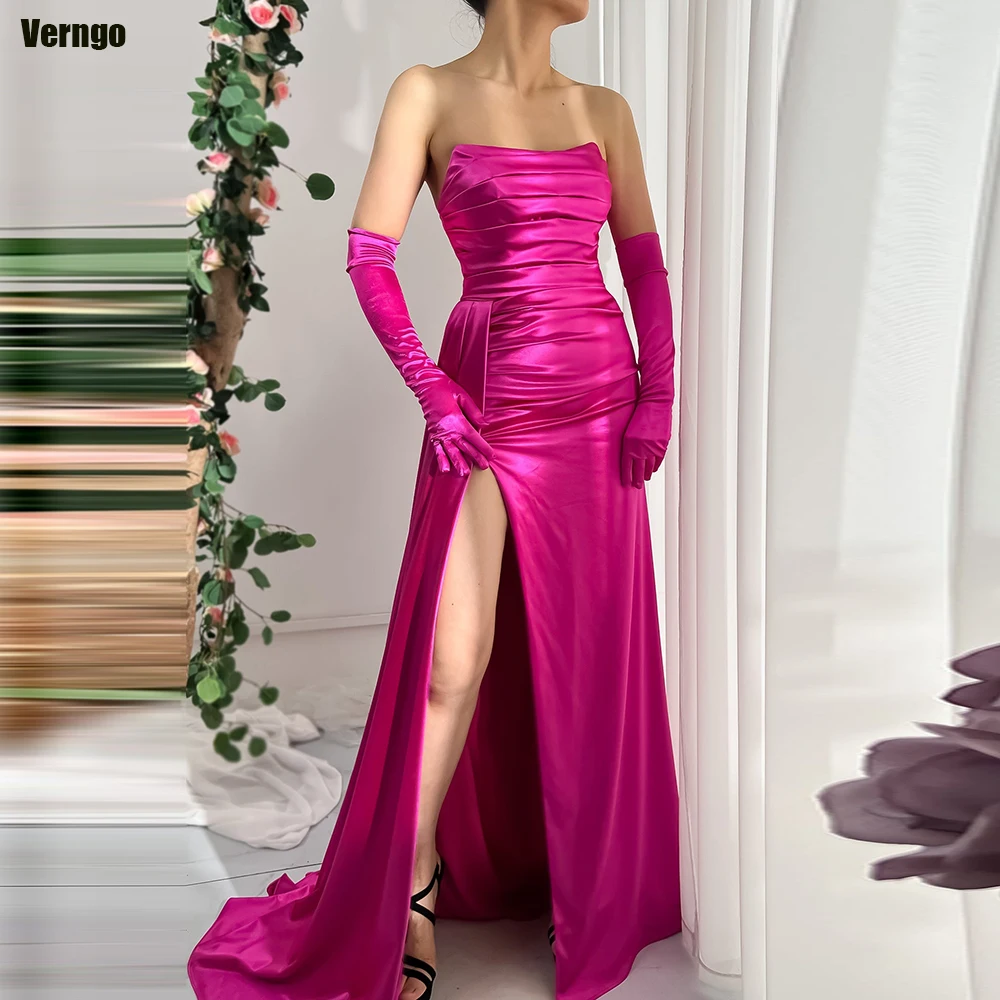 Verngo Mermaid Elegant Prom Dresses Strapless Satin Sleeveless Evening Party Dress with Gloves Split Formal Occasion Gown 2024