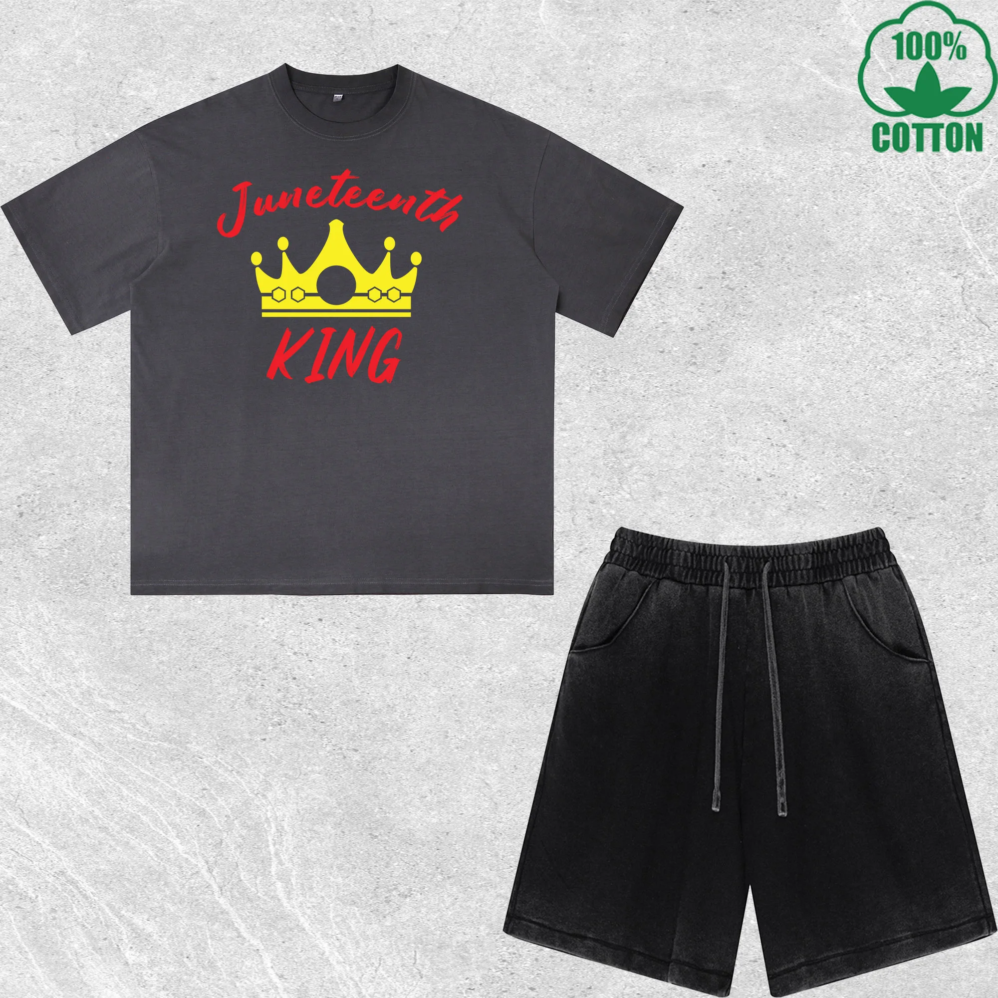 

Juneteenth King Printed Dirty Wash T-Shirt Shorts Set Multicolor Combo Loose Trendy Fashionable 100%Cotton Short Value Pack