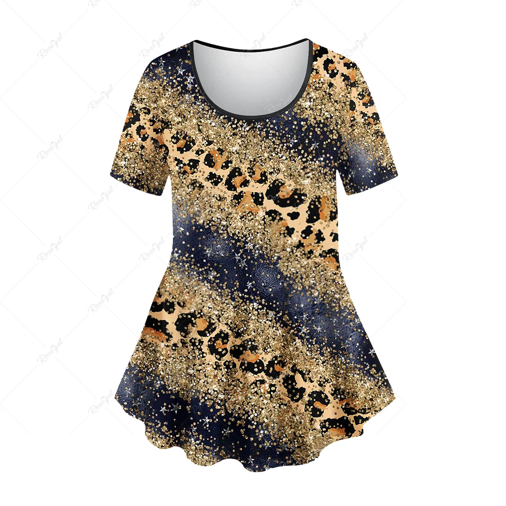 Plus Size T-shirt y2k camisetas ropa de mujer ofertas anime tees Leopard Sparkling Sequin Glitter Colorblock 3D Printed