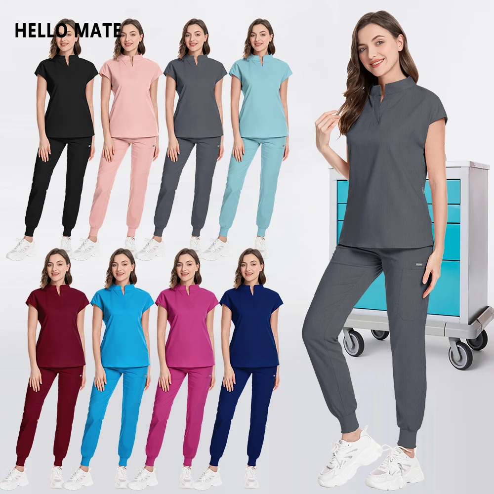 

Multicolor Beauty Salon Workwear Pockets 2 Piece Short Sleeve Suit Lab Pharmacy Hospital Nurse Uniform Medical Surgery Scrub Set